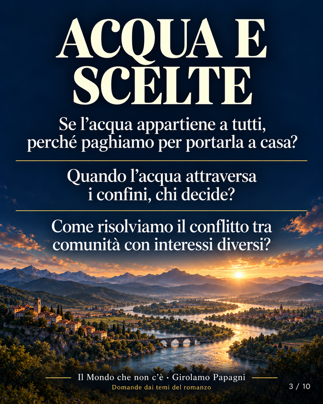ACQUA E SCELTE. Se l’acqua appartiene a tutti, perché paghiamo per portarla a casa?. Quando l’acqua attraversa i confini, chi decide?. Come risolviamo il conflitto tra comunità con interessi diversi?